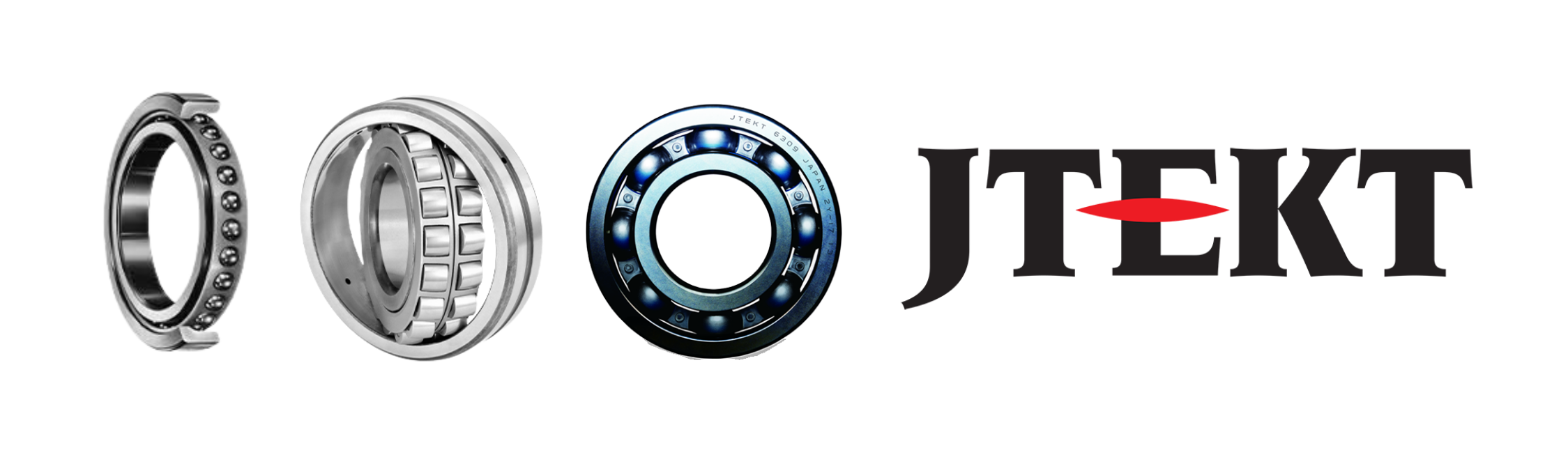 JTEKT angular contact ball bearing shown in cutaway, spherical roller bearing, and deep groove ball bearing, alongside the black and red JTEKT logo